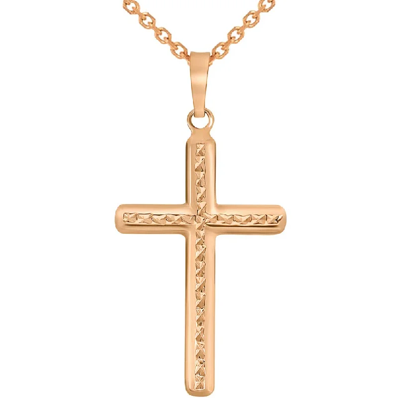 14k Rose Gold Textured Religious Cross Pendant Necklace with Rolo Cable Chain