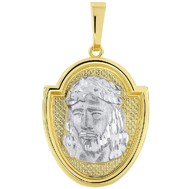 14k Two-Tone Gold Jesus Head Medallion Scripted God Bless Us Pendant