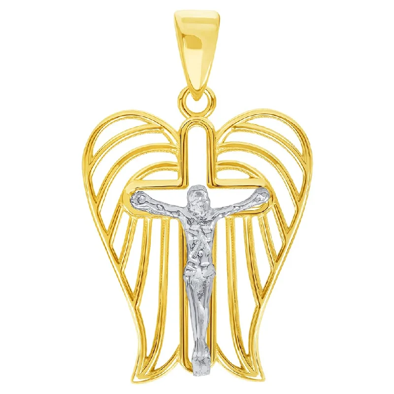 14k Two-Tone Gold Religious Cross Crucifix with Wings Pendant