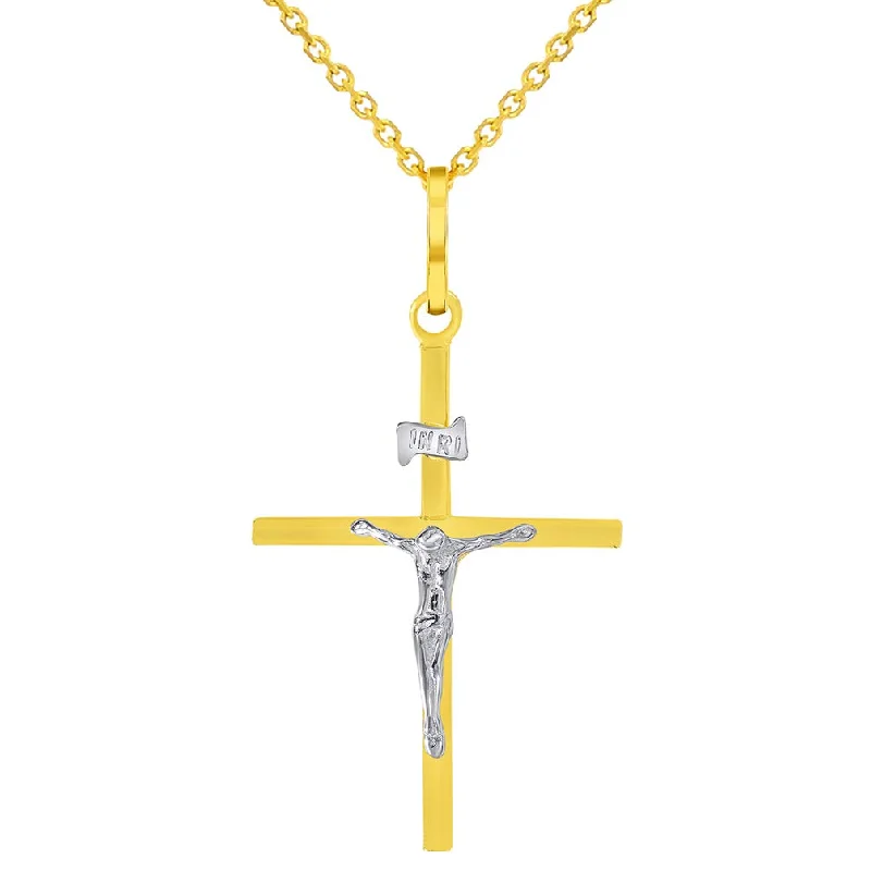 14k Two-Tone Gold Simple Catholic INRI Jesus Crucifix Pendant Necklace