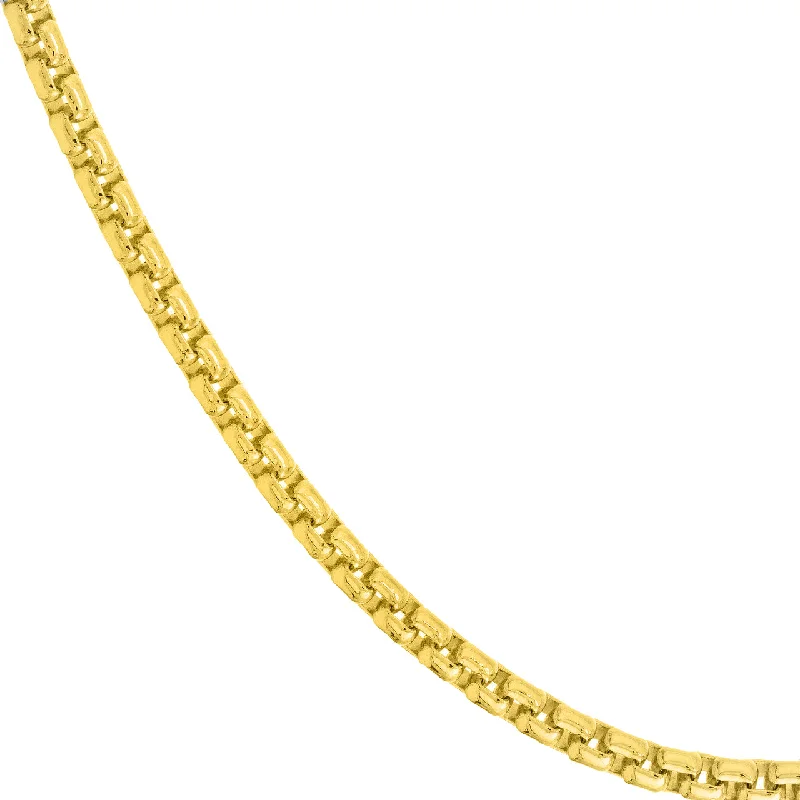 Solid 14K Yellow  Gold 3mm Round Box Chain Necklace with Lobster Lock