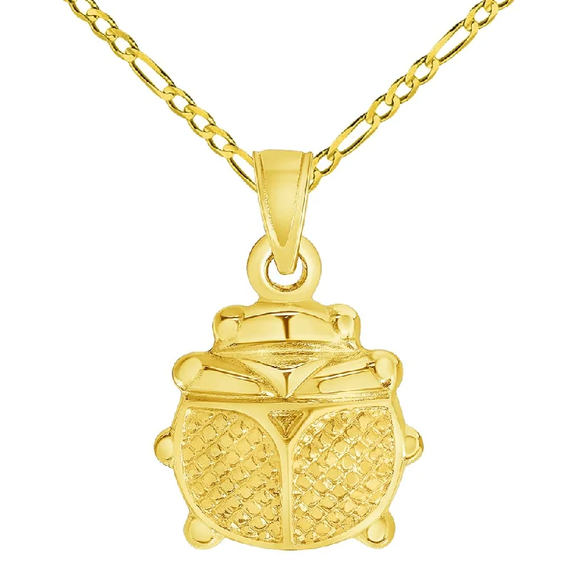 14k Yellow Gold 3D Ladybug Charm Good Luck Pendant with Figaro Chain Necklace