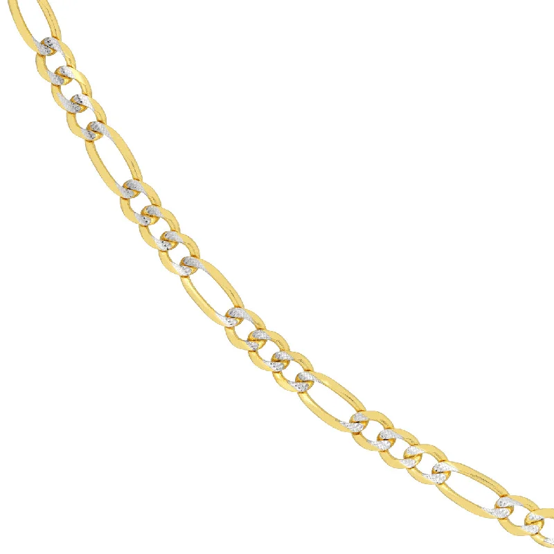 Solid 14K Yellow Gold 4.75mm Two-Tone Pave Figaro Chain Necklace with Lobster Lock