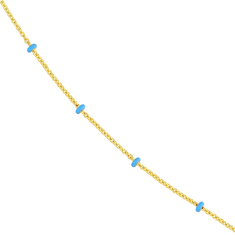 14K Yellow Gold Baby Blue Enamel Bead Saturn Chain Necklace with Lobster Lock