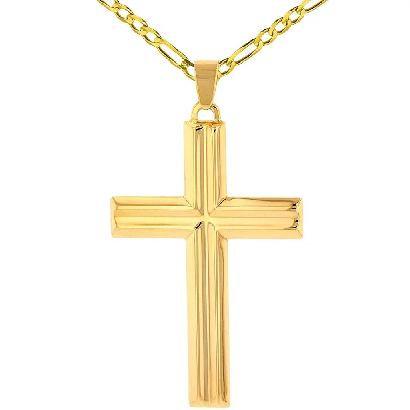 14k Yellow Gold Crucifix Large Religious Cross Pendant with Figaro Chain Necklace