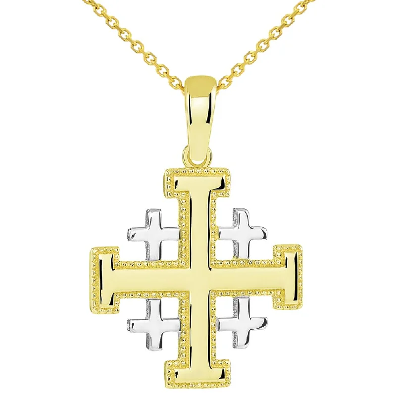 14k Yellow Gold Crusaders Jerusalem Cross Pendant with Cable, Cuban Curb, or Figaro Chain Necklaces