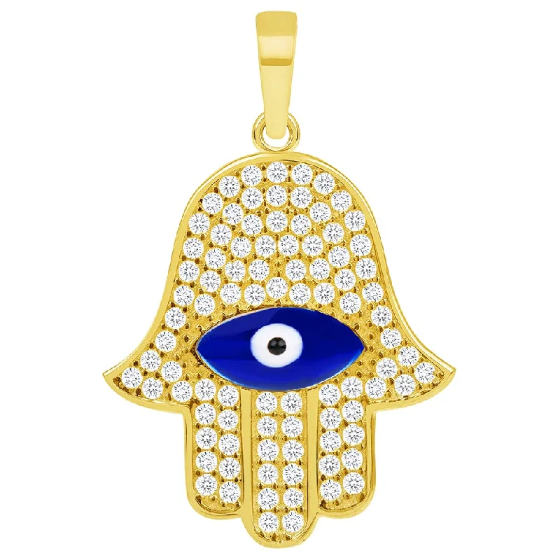 14k Yellow Gold Cubic-Zirconia Blue Evil Eye Hamsa Hand Pendant