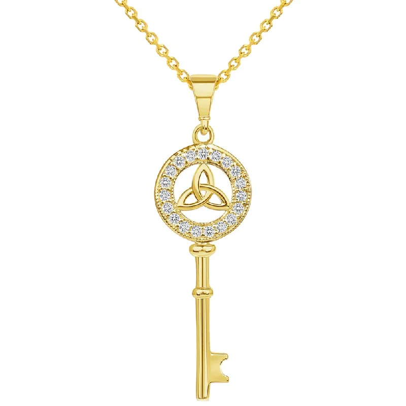 14k Yellow Gold Cubic-Zirconia Trinity Triquetra Knot Celtic Key Pendant Necklace