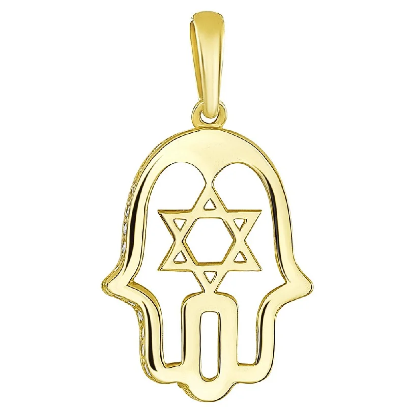 14K Yellow Gold CZ Hamsa Hand of God with Star of David Pendant