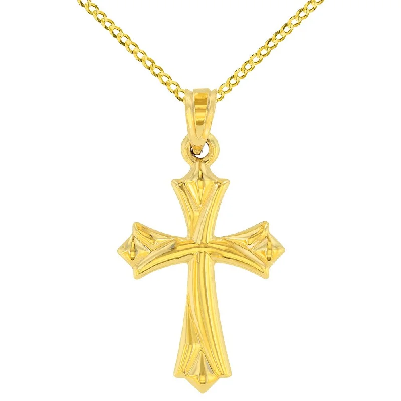 14k Yellow Gold Fleur de Lis Cross Charm Pendant Necklace with Cuban Concave Chain