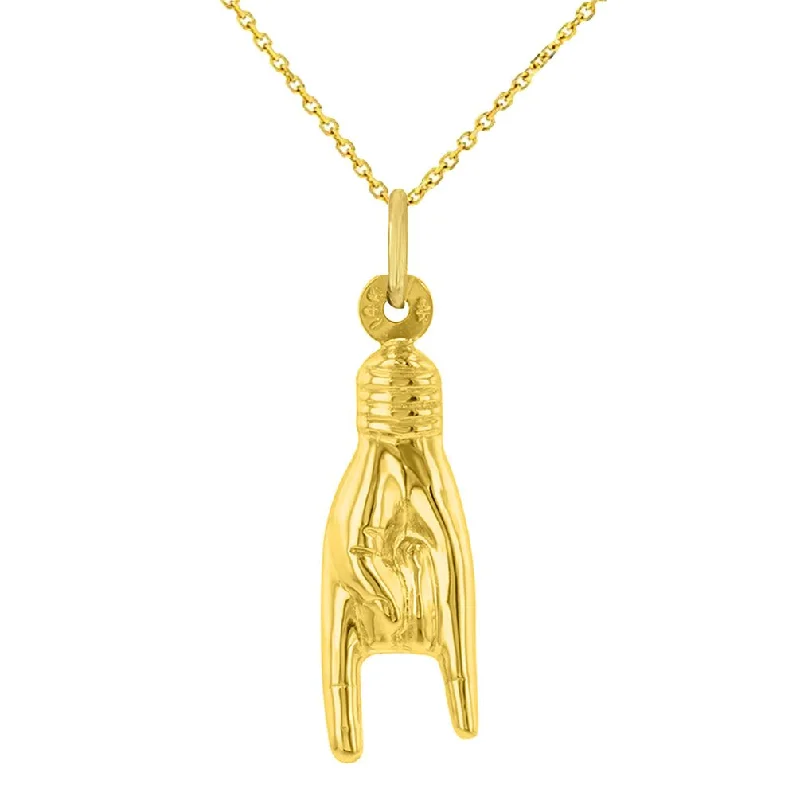 14K Yellow Gold Hand Mano Cornuto Good Luck Sign Pendant Necklace