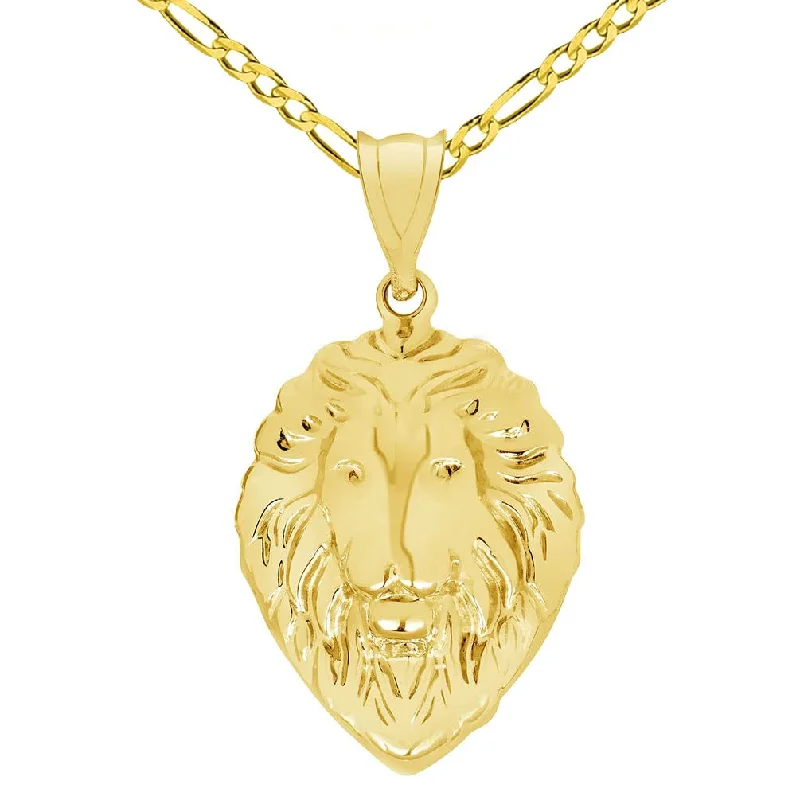 14k Yellow Gold High Polish Lion Head Charm Animal Pendant with Figaro Chain Necklace