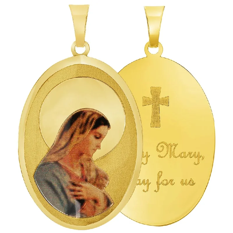 14k Yellow Gold Holy Mary Pray For Us Picture Pendant