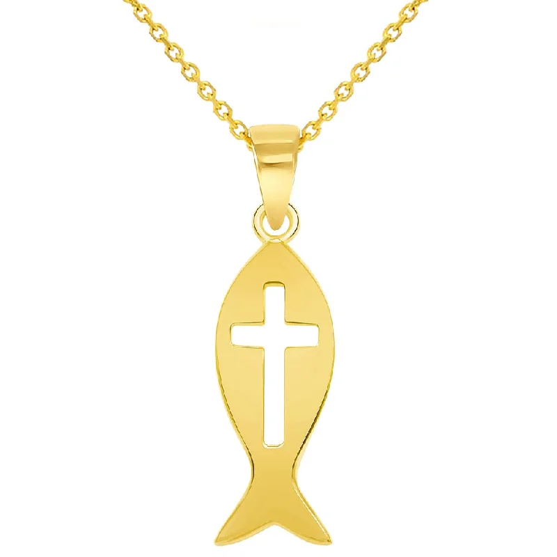 14k Yellow Gold Ichthus Cut-Out Cross Charm Christian Fish Symbol Pendant Cable, Curb, or Figaro Chain Necklaces