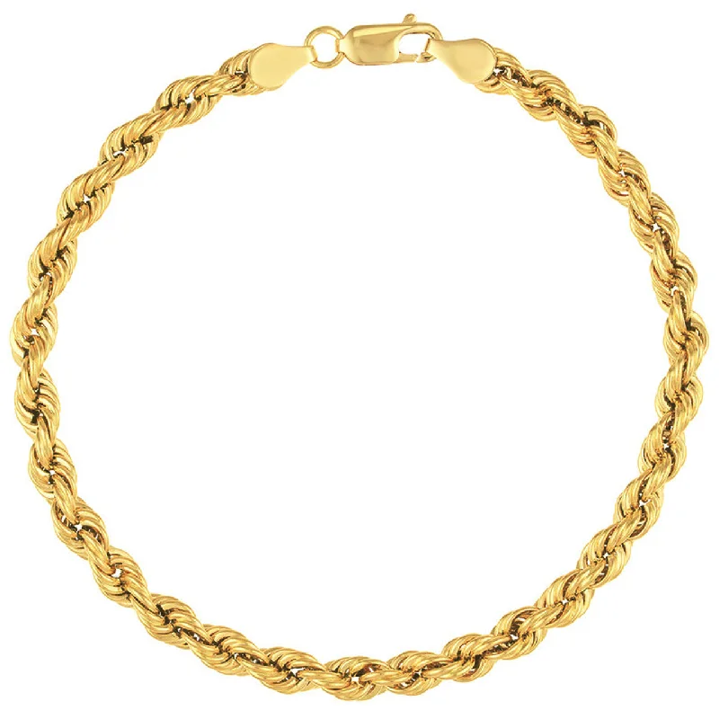 14k Yellow Gold Hollow 5mm Rope Chain Bracelet with Lobster Lock - Light Rope Chain Bracelet with Diamond Cut