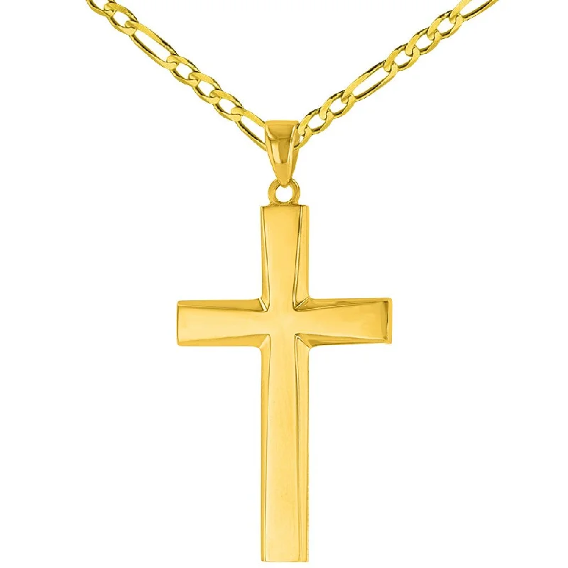 14K Yellow Gold Plain and Simple Cross Pendant with Figaro Chain Necklace