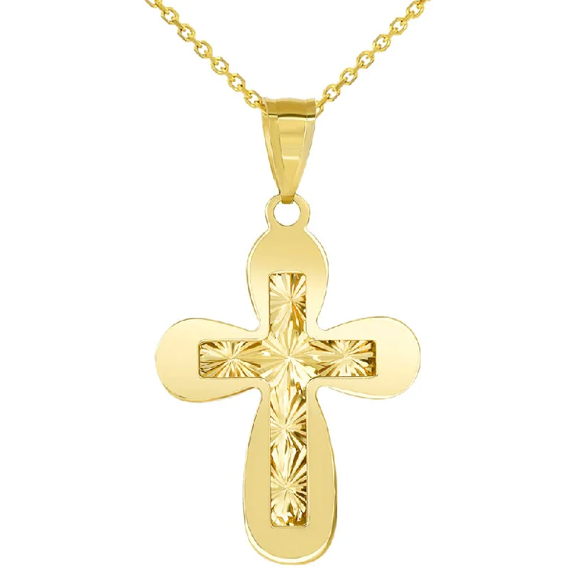 14k Yellow Gold Plain and Textured Double Layer Rounded Cross Pendant Necklace