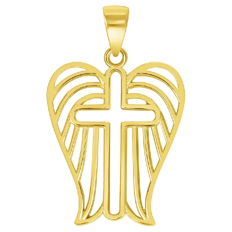 14k Yellow Gold Religious Cross with Wings Pendant