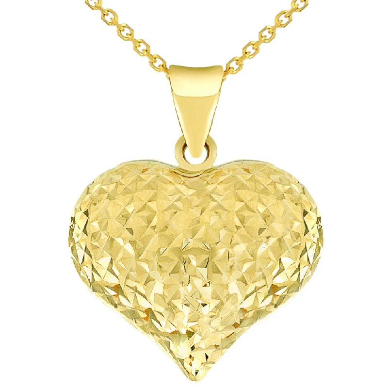 14k Yellow Gold Sparkle Cut Puffed Heart Pendant Necklace