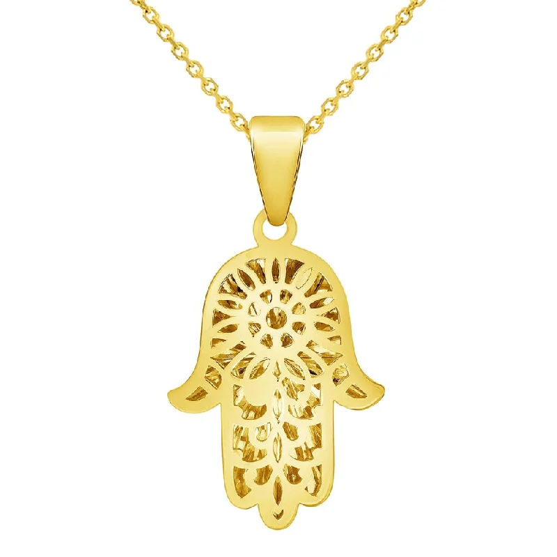 14k Yellow Gold Textured and High Polished 3D Hamsa Hand Charm Pendant with Cable, Cuban Curb, or Figaro Chain Necklaces