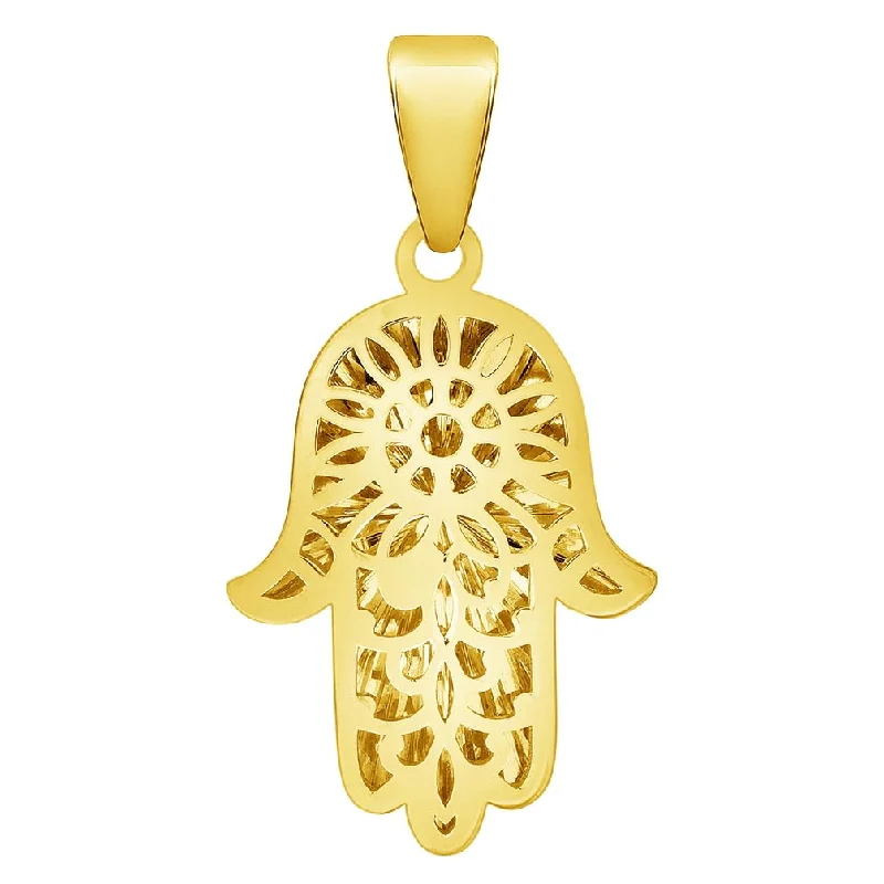 14k Yellow Gold Textured and High Polished 3D Hamsa Hand Charm Pendant