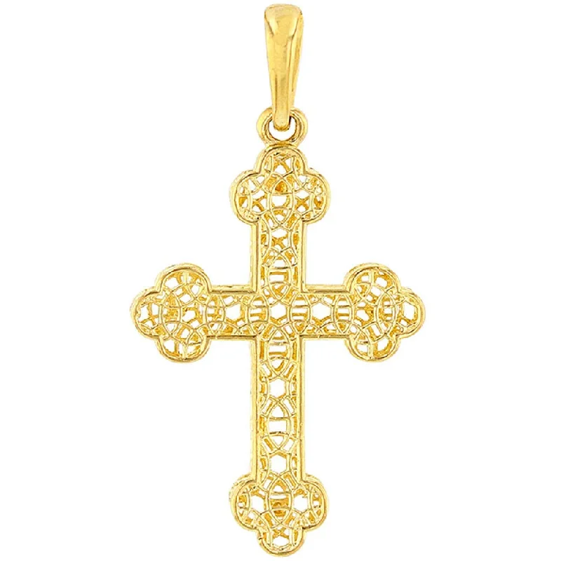 14k Yellow Gold Textured Filigree Eastern Orthodox Cross Pendant (Medium)