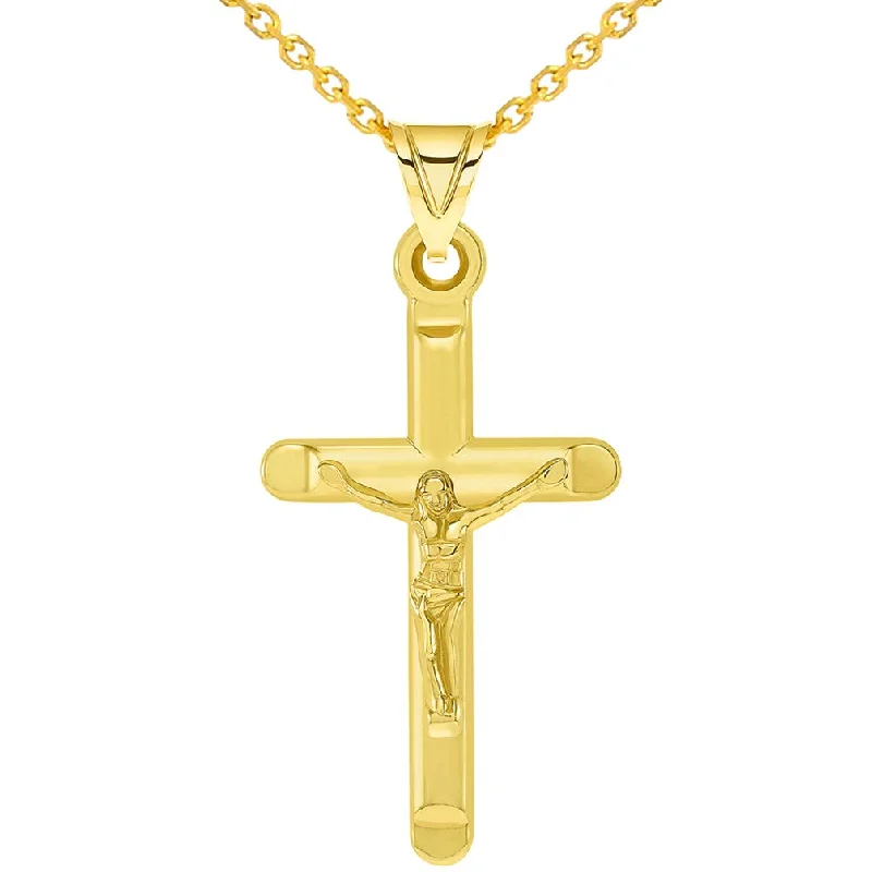 14k Yellow Gold Tube-Style Religious Crucifix Pendant with Cable, Curb, or Figaro Chain Necklaces