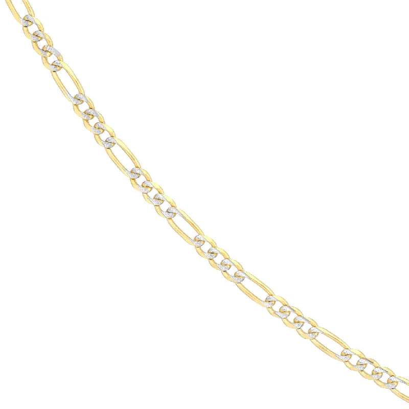 Solid 14k Yellow Gold 3.2mm Two-Tone Pave Figaro Chain Necklace with Lobster Lock