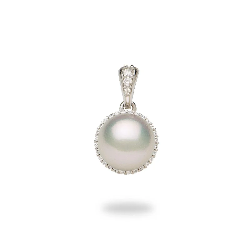 Halo Akoya White Pearl Pendant in White Gold with Diamonds - 8-8.5mm