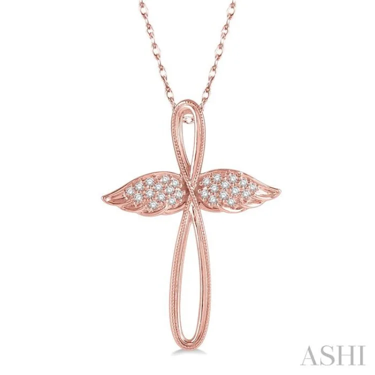 1/10 Ctw Twisted Cross Angel Wings Round Cut Diamond Pendant With Chain in 10K Rose Gold