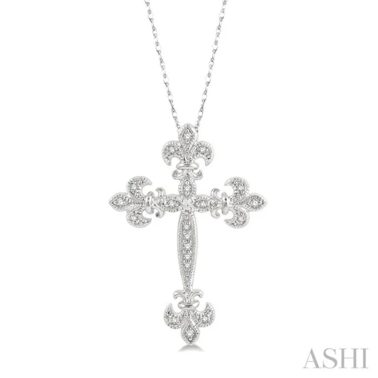 1/10 Ctw Fleur De Lis Round Cut Diamond Cross Pendant With Chain in 10K White Gold