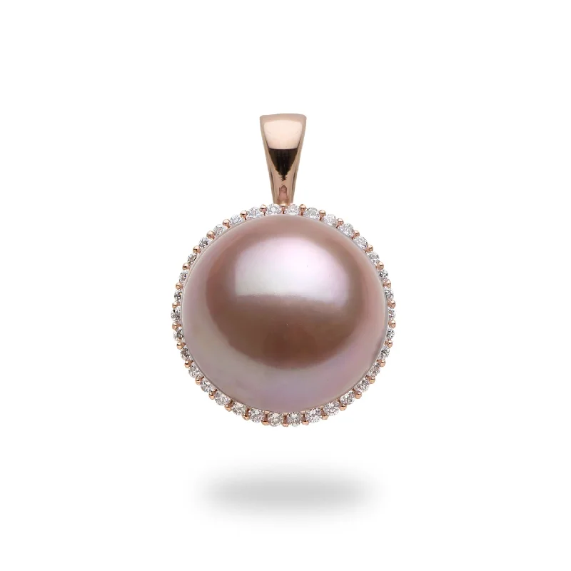 Lilac Freshwater Pearl Pendant in Rose Gold with Diamonds - 14-15mm