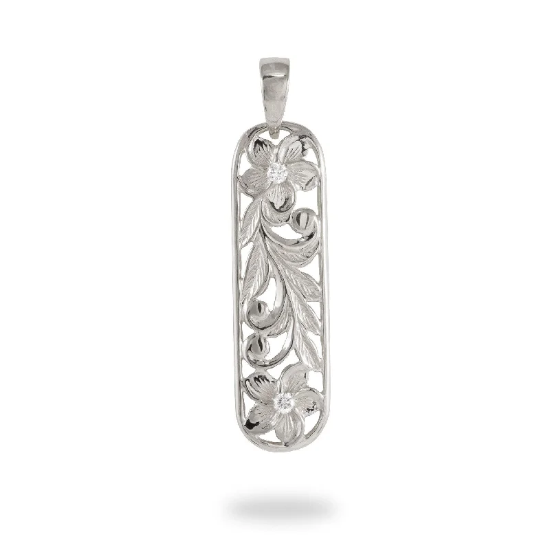 Hawaiian Heirloom Plumeria Pendant in White Gold with Diamonds - 38mm