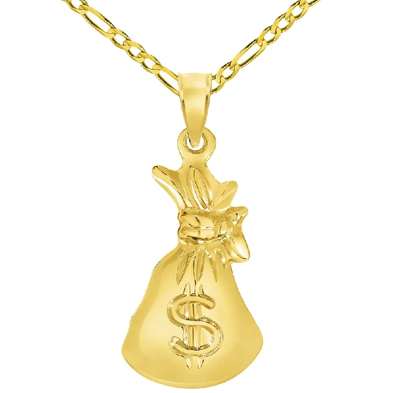 High Polish 14k Gold 3D Money Bag Charm Pendant with Figaro Chain Necklace