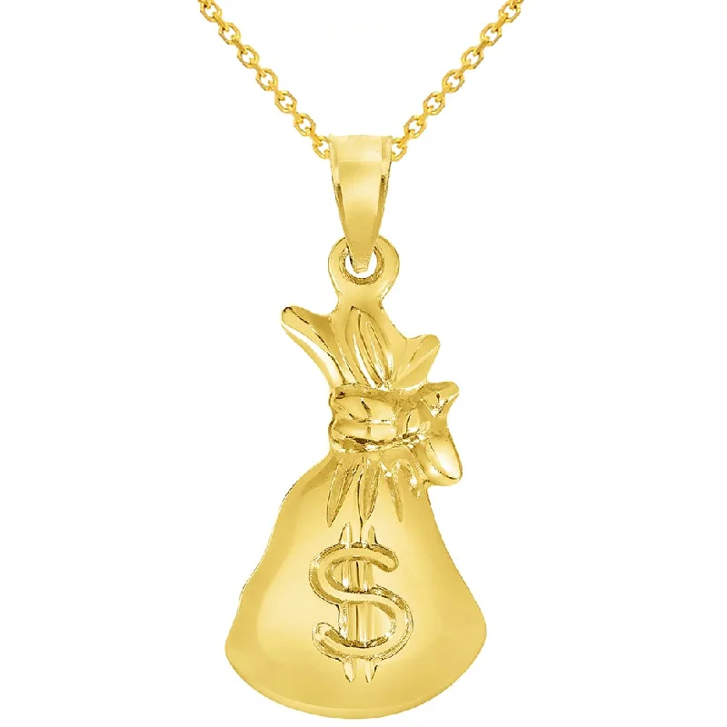 High Polish 14k Yellow Gold 3D Money Bag Pendant Necklace