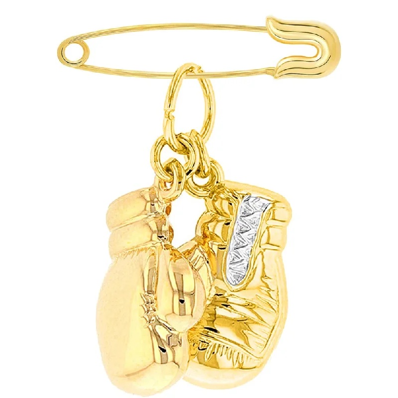 High Polish 14k Yellow Gold 3D Two Tone Boxing Gloves Sports Pendant with Safety Pin Brooch