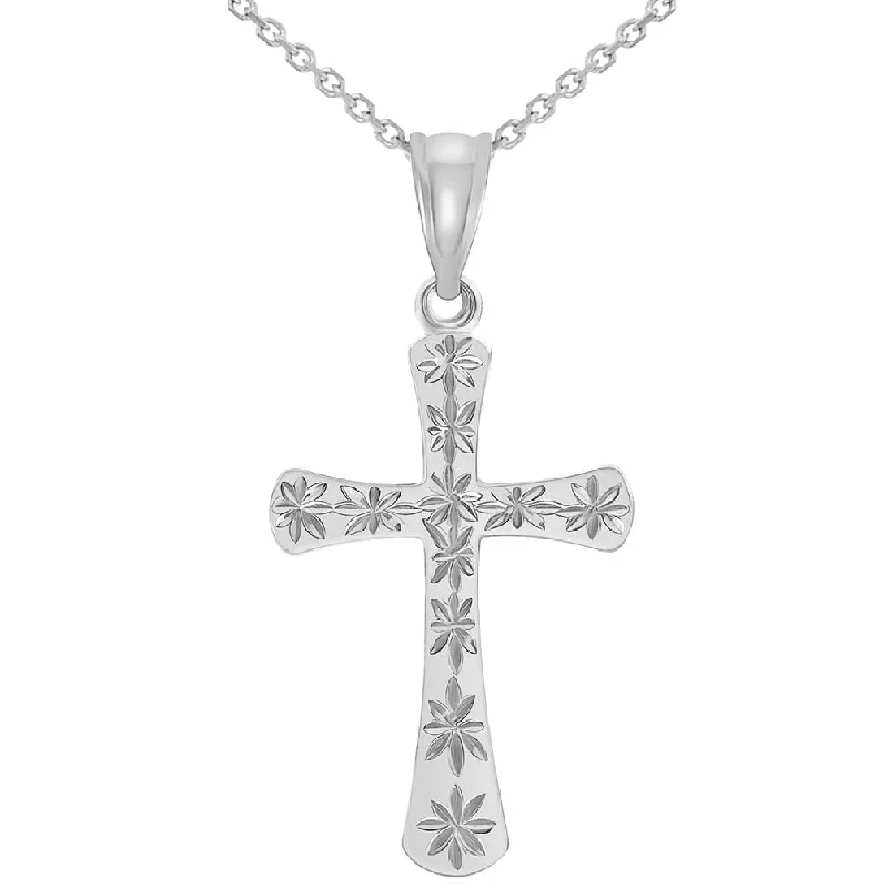 High Polished 14k White Gold Textured Star Cut Cross Pendant Necklace with Rolo Cable Chain