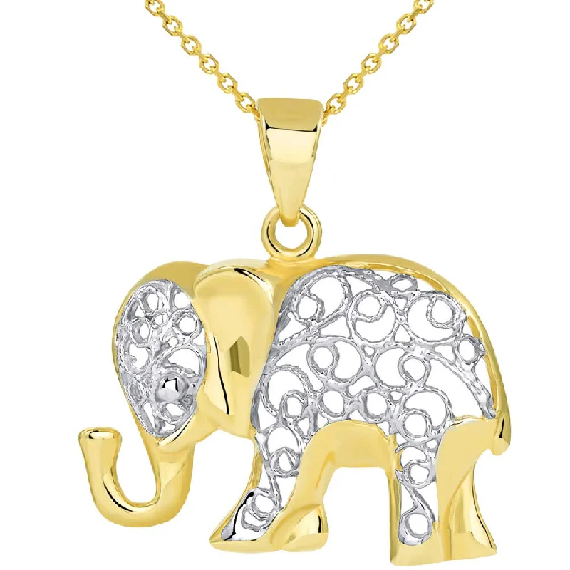 14k Yellow Gold Elegant Filigree Two Tone Elephant Pendant with Cable, Cuban Curb, or Figaro Chain Necklaces