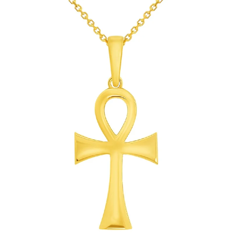 Polished 14k Yellow Gold 1.3 Inch Classic Egyptian Ankh Cross Pendant with Cable, Cuban Curb, or Figaro Chain Necklaces