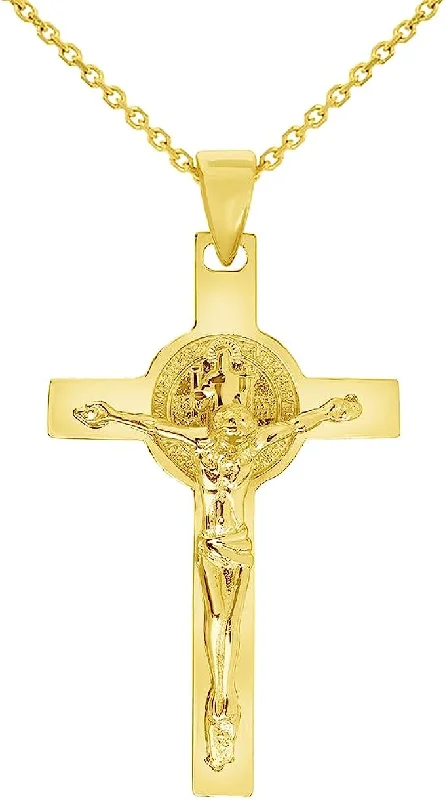 Solid 14k Yellow Gold Classic Saint Benedict Cross Jesus Crucifix Pendant with Cable, Cuban Curb, or Figaro Chain Necklaces