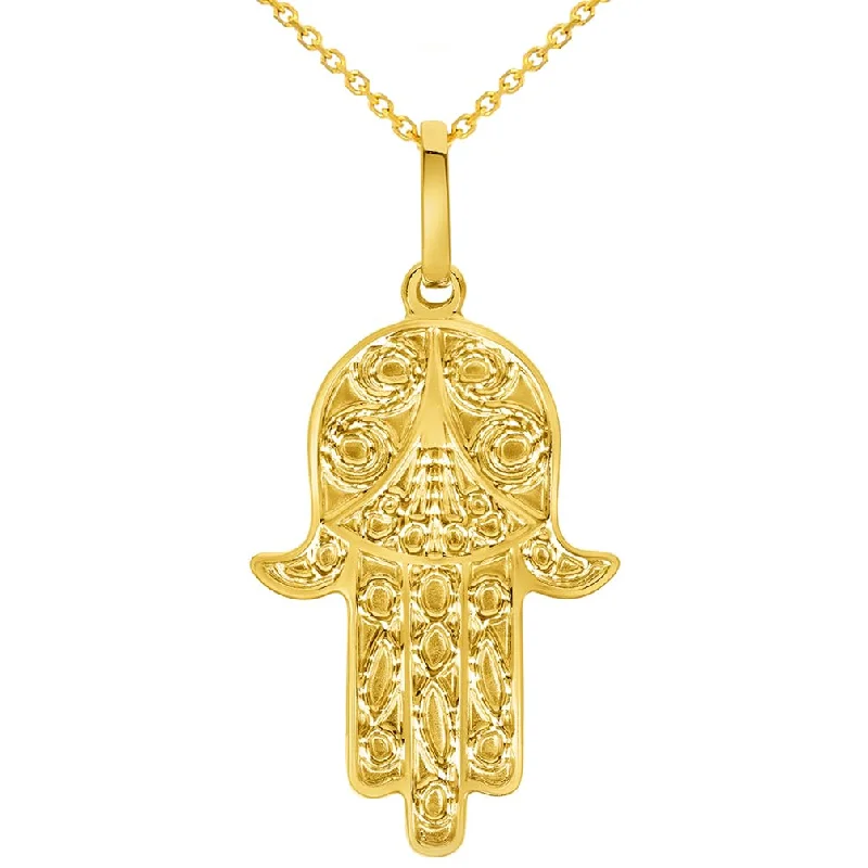 Solid 14k Yellow Gold Dainty Filigree Hamsa Hand of Fatima Pendant with Cable, Cuban Curb, or Figaro Chain Necklaces