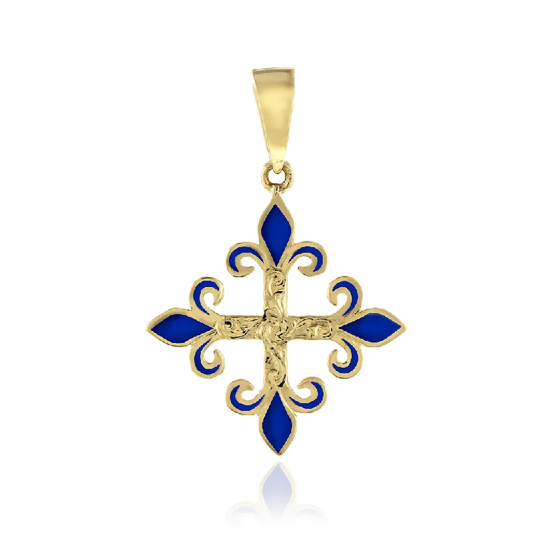 Large Enamel Fleur De Lys Pendant in 14K Gold