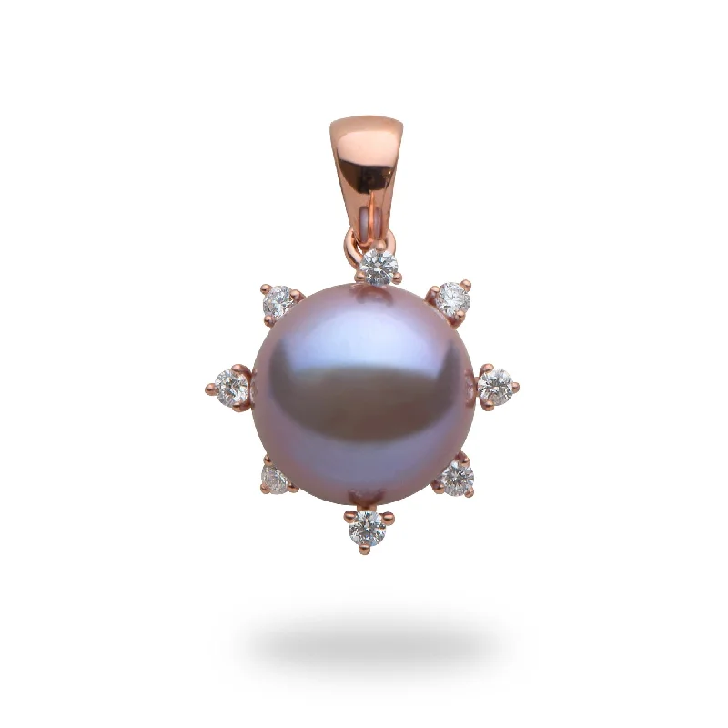 Protea Lilac Freshwater Pearl Pendant in Rose Gold with Diamonds - 11-12mm