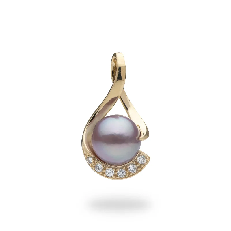 Lilac Freshwater Pearl Pendant in Gold with Diamonds - 10-11mm