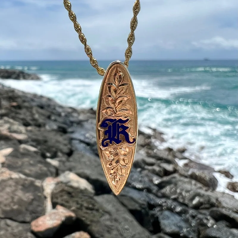 Maile w/ Initial "K" Surfboard Pendant in 14K Yellow Gold