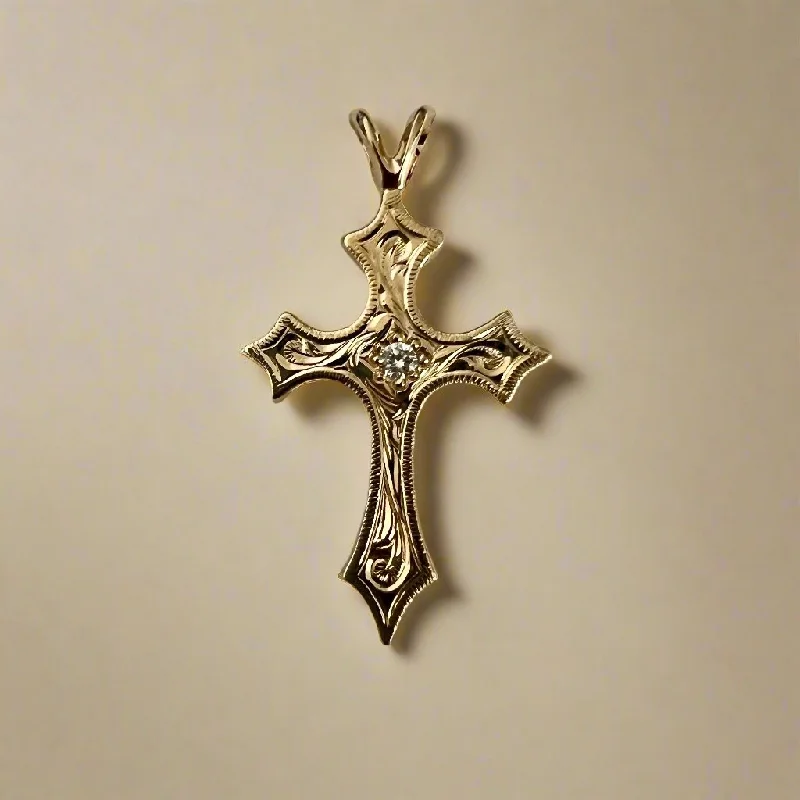 Medium Byzantine Cross Pendant w/ Diamond in 14K Yellow Gold