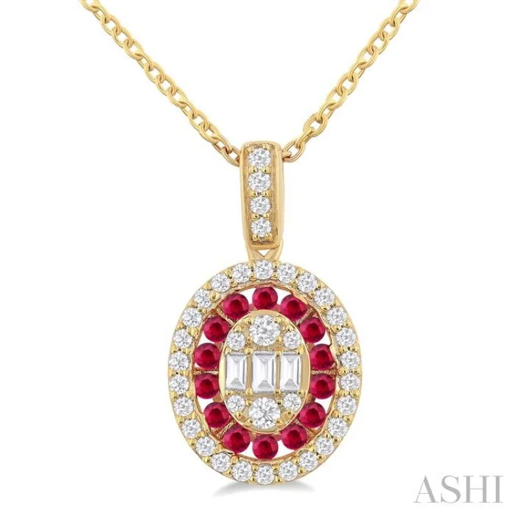 1/4 Ctw Oval Shape 1.25 MM Ruby, Baguette and Round Cut Diamond Precious Pendant With Chain in 14K Yellow Gold