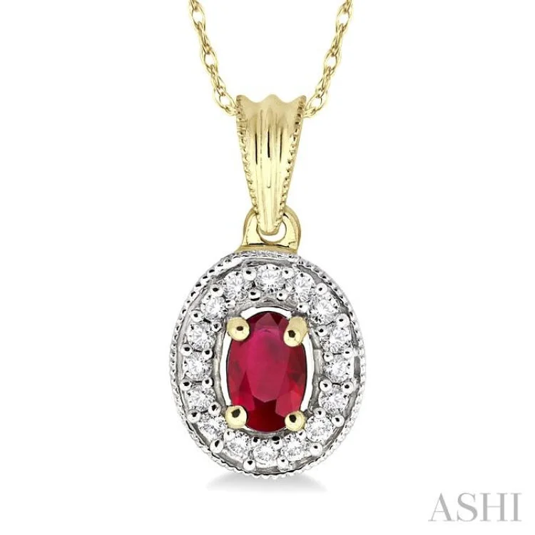 6x4 MM Oval Cut Ruby and 1/5 Ctw Round Cut Diamond Pendant in 14K Yellow Gold with Chain