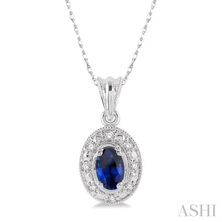 5x3 MM Oval Shape Sapphire and 1/20 Ctw Single Cut Diamond Pendant in 14K White Gold with Chain