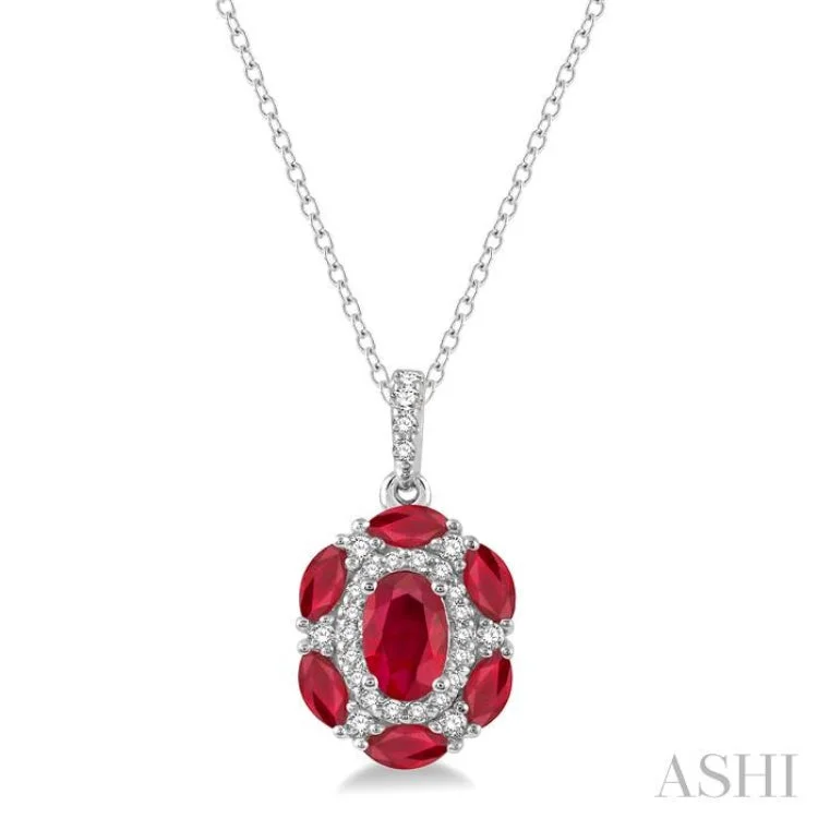 1/6 Ctw Oval 6x4 MM & Marquise 4x2 MM Ruby and Round Cut Diamond Precious Pendant With Chain in 14K White Gold